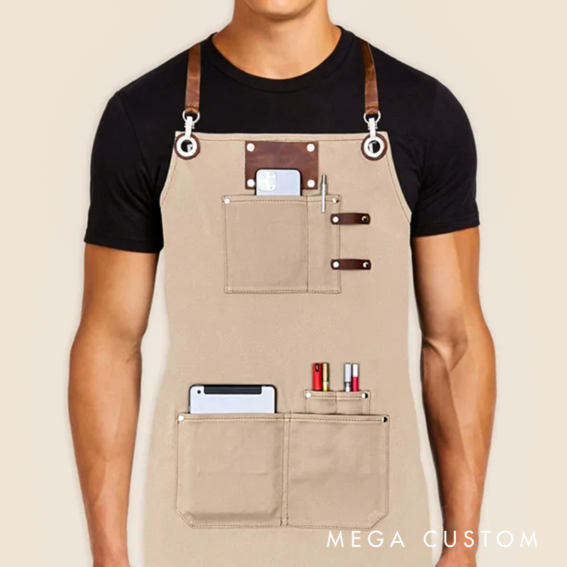 Personalized Logo Apron For Men And Women Custom Embroidery Name Tags Cotton Canvas With Cross-Back Leather Straps And Towel Ring