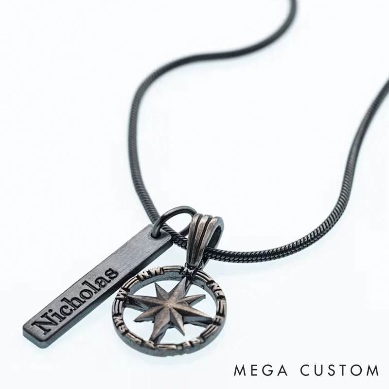 Personalized Sterling Silver Compass Necklace Personalized Engraved Bar Pendant