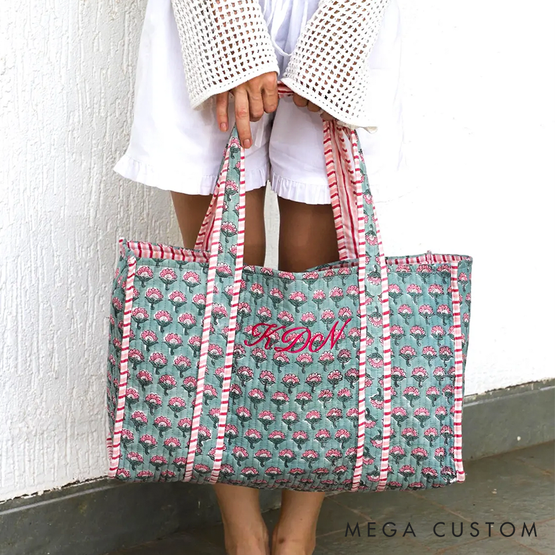  Personalized Block Print Bridal Gift Beach Bag Embroidered Bridesmaid Tote Bag Quilted Baby Monogramed Floral Causal Boho Pool Tote Bag