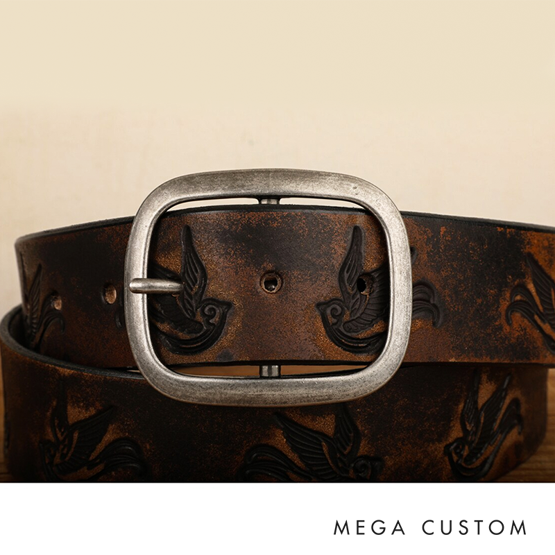 Sparrow Distressed Leather Belt Embossed & Vintage-Aged Western Style with Snap Closure Handmade in USA Swallow Bird Tattoo Flash Art
