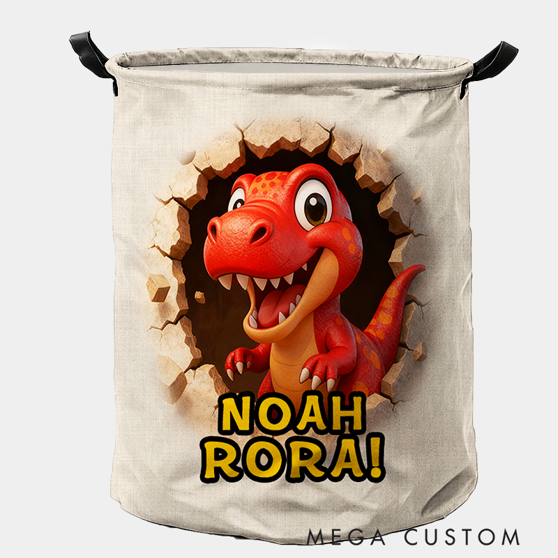 Personalized Dino Blast Adventure Theme Large Waterproof Laundry Hamper with Handle Custom Name Embroidery Kids Holiday Gift