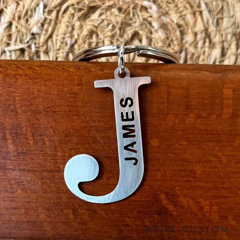 Personalized Name Keychain Custom Initial Metal Key Ring Laser Cut Stainless Steel or Brass