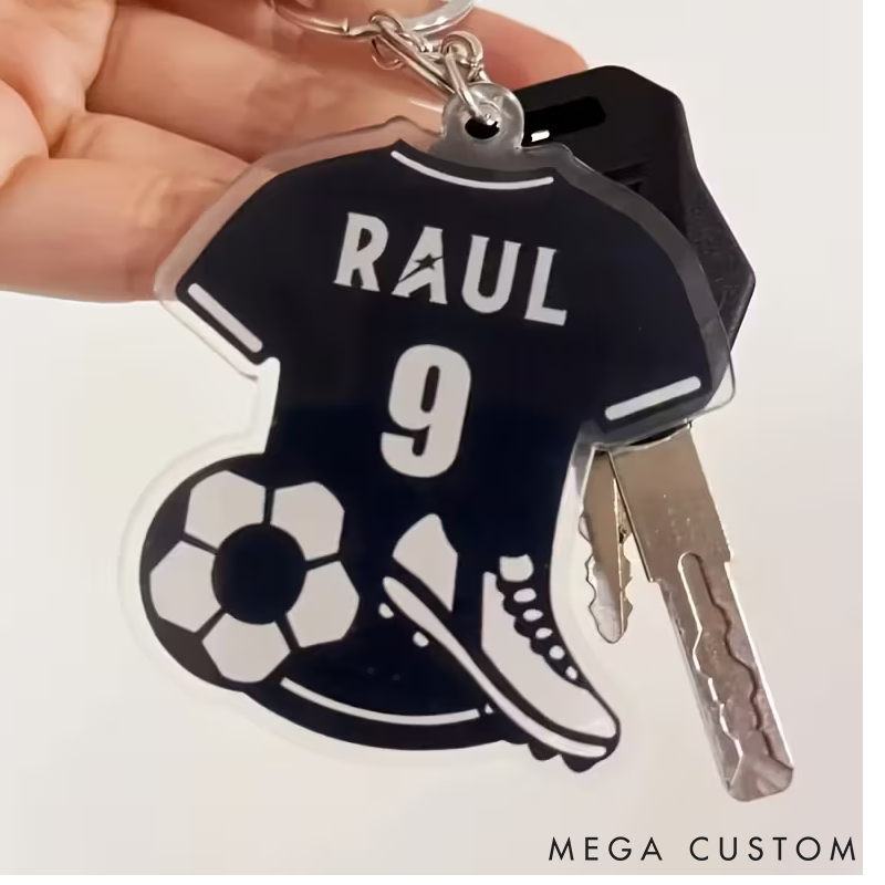 Personalized Soccer Jersey Keychain with Name And Number Featuring Designs of a Soccer Ball And Shoes - a Gift for Soccer Players Fans And Coaches for Birthdays Anniversaries