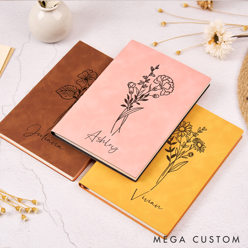 Personalized Leather Journal with Name Birth Flower Leather Notebook Cover A5 Prayer Journal Travel Christmas Gift Leather Travel Journal