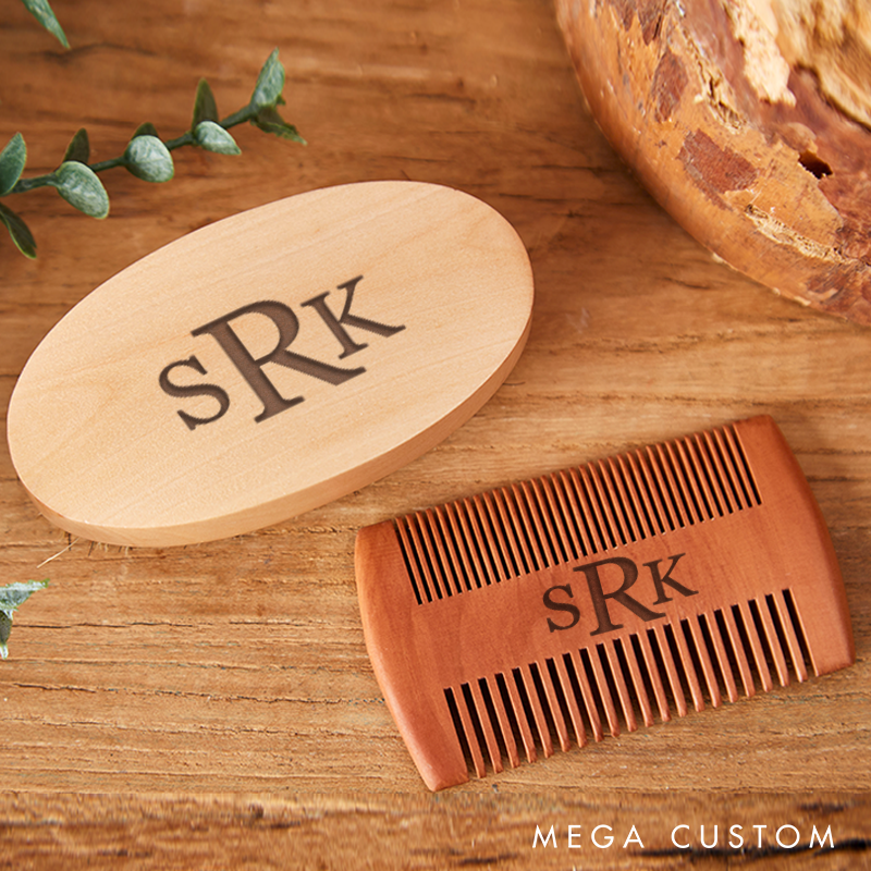 Personalized Wood Beard Comb & Brush Gift Set for Him Beard Care Kit Valentines Day Gift for Him