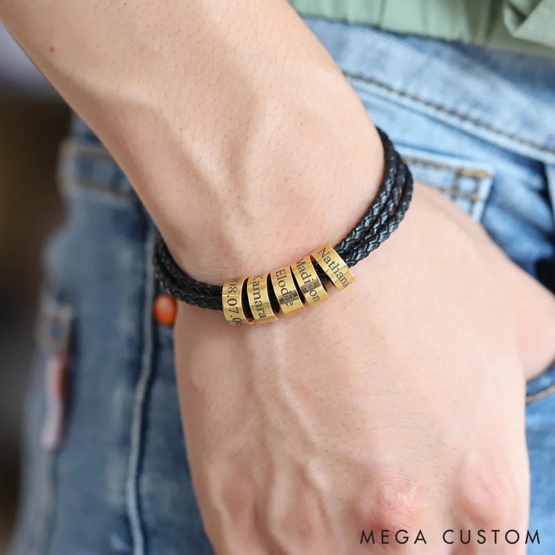 Personalized Mens Leather Bracelet Custom Bead Bracelet Engraved Name Bracelet for Him Gift for Husband Boyfriend