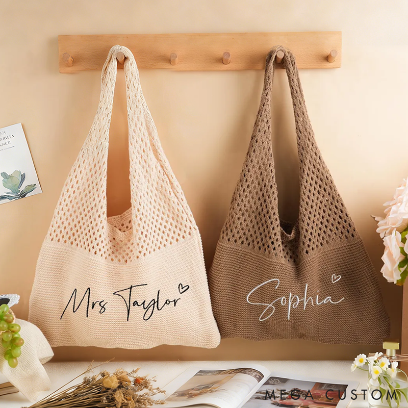 Personalized Knitted Beach Bag with Embroidered Name for Her  Crochet Tote Bag for Women Travel Vacation Gifts for Girlfriend Wife