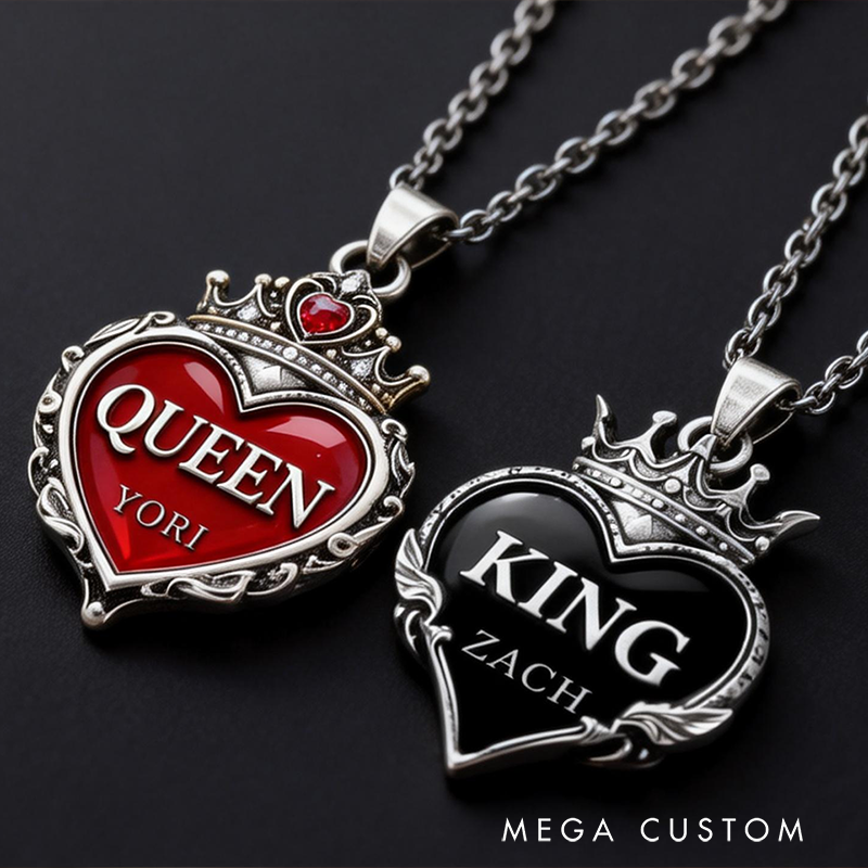 Personalized Couple Necklaces Vintage Royal Crown Heart King & Queen Engravable Name for Romantic Couples and Anniversary Celebrants