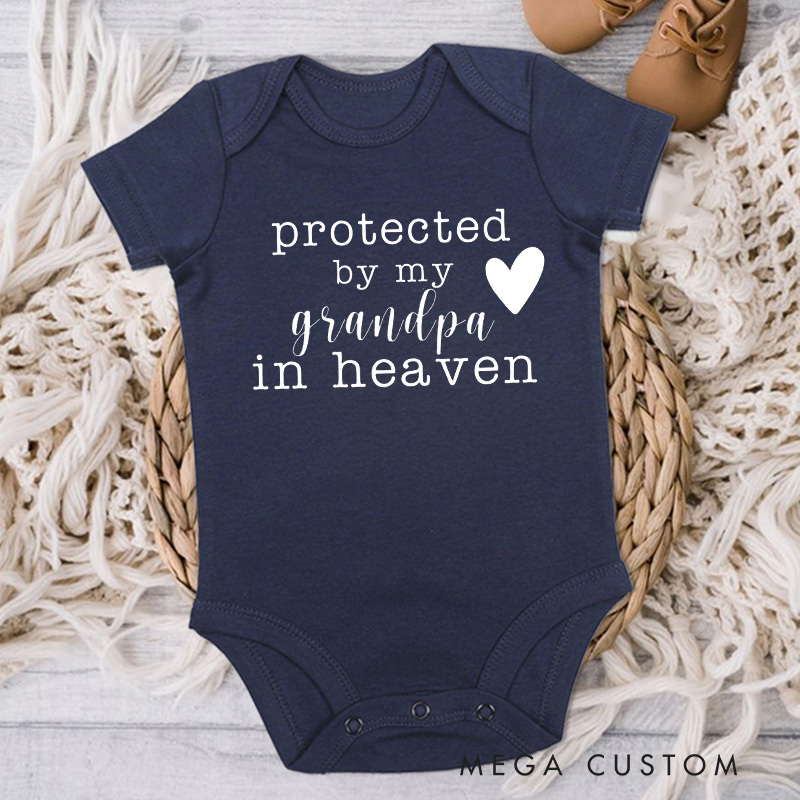 Personalized Protected by My Grandpa Grandma Sister Brother Uncle Aunt in Heaven Onesie Heaven Sent Onesie Baby Announcement Baby Shower Gift Memorial