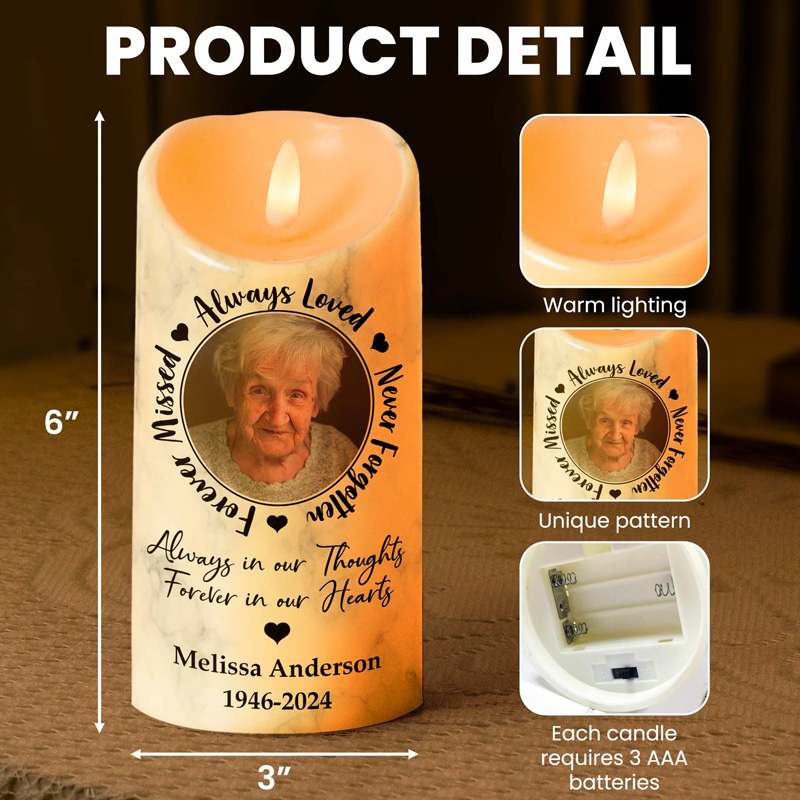 Personalized Photo LED Candle Always Loved Never Forgotten Forever Missed Custom Memory Photo LED Candle