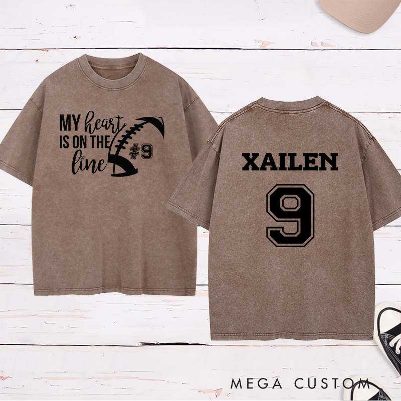 Personalized American Football and Rugby Washed T-Shirts for "My Heart On The Line" with Custom Name and Number Jersey