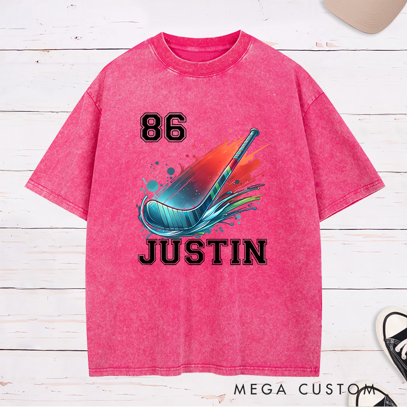 Personalized Athletic Washed T-Shirt with Hockey Stick and Customizable Name