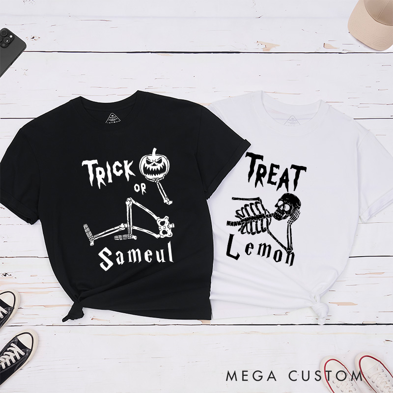 Personalized Halloween Trick or Treat Couple Matching Skeleton T-Shirt