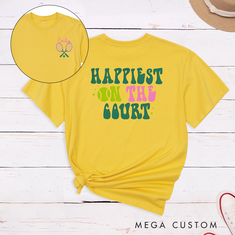Personalized Tennis T-Shirt with "Happiest on the Court" Design and Custom Name