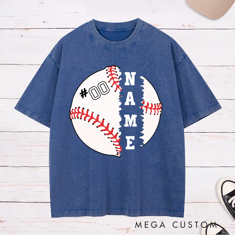Personalized Baseball Graphic Washed T-Shirt with Split Design and Custom Name and Number