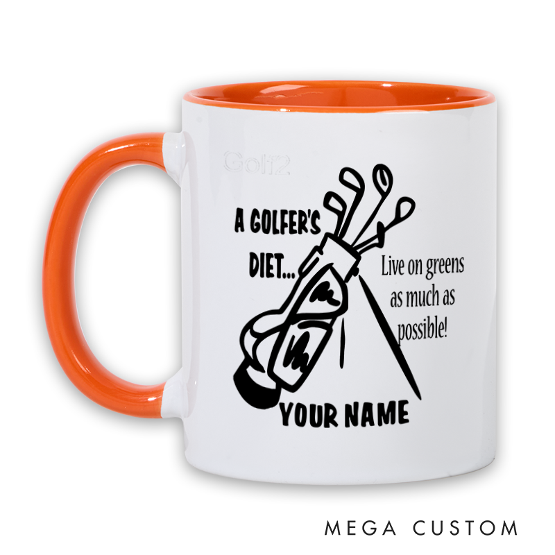 Personalized Golf Mug with Custom Name A Golfer's Diet Live on Greens Design Durable Ceramic Two Tone Handle