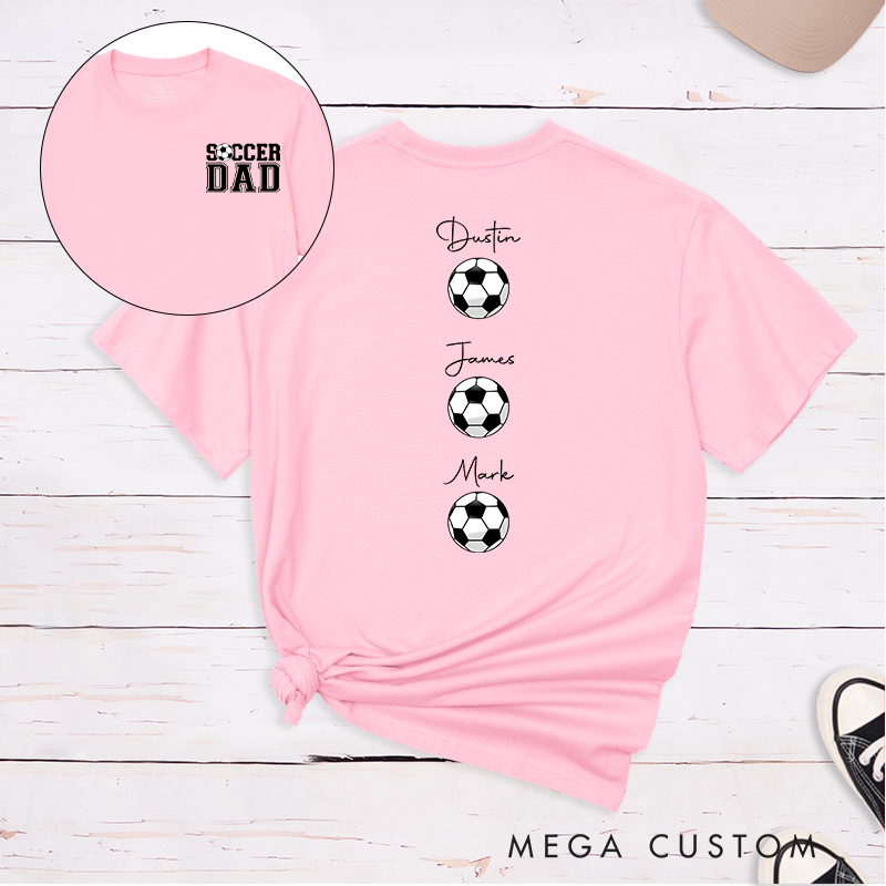Personalized Soccer Dad T-Shirt with Custom Kids’ Names and Ball Graphics