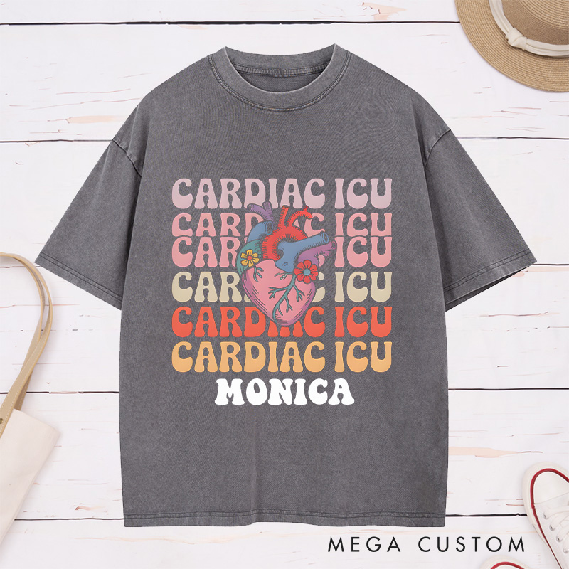 Personalized Nurse Washed T-Shirt Customized Cardiac ICU Design Washed T-Shirt 