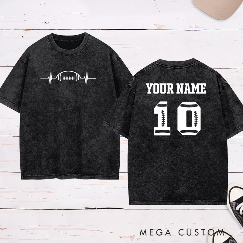 Personalized American Football and Rugby Heart Beat Washed T-Shirts Featuring Custom Name and Number