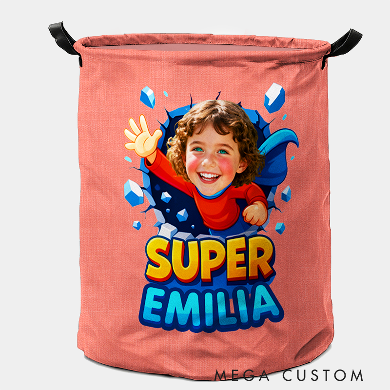Personalized Fun Kids Laundry Basket with Handles Custom Photo and Name Embroidery Ideal Kids Gift