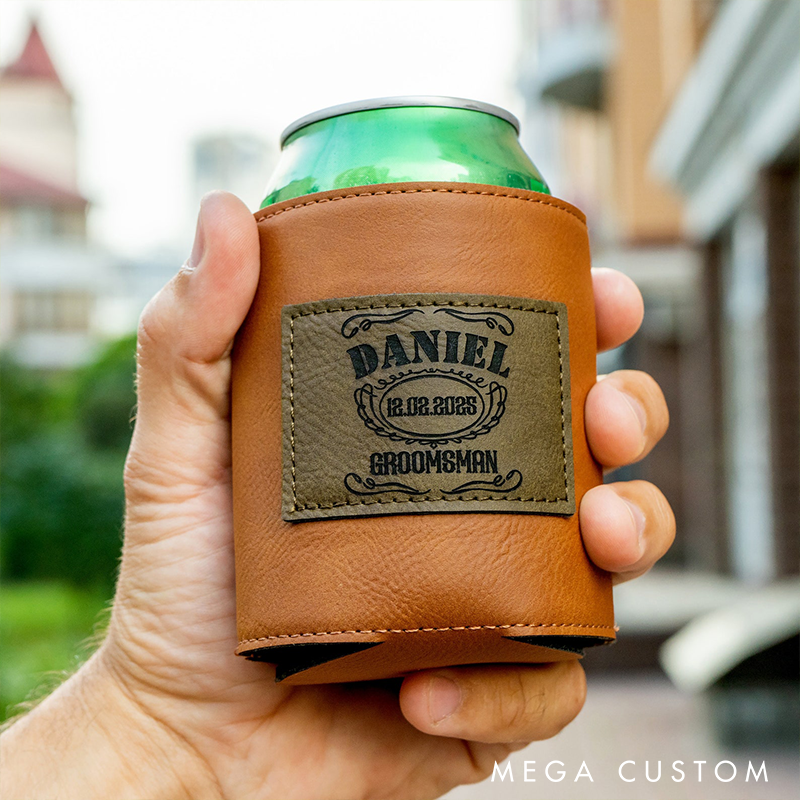 Personalized Leather Can Cooler Grooms Groomsman Can Cooler Holder Stag Keepsakes Can Cooler Bachelor Party Beer Cooler