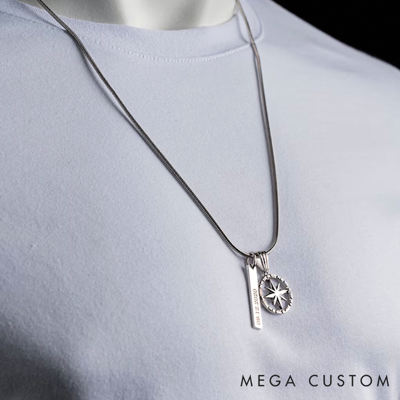 Personalized Sterling Silver Compass Necklace Personalized Engraved Bar Pendant