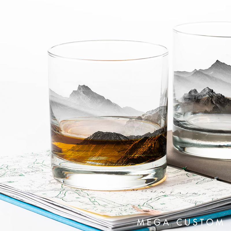 Mountain and Clouds Whiskey Glass Set Nature Barware Gift for Men  Hand Printed Rocks Glasses Mountain Decor 11oz Heavy Tumblers