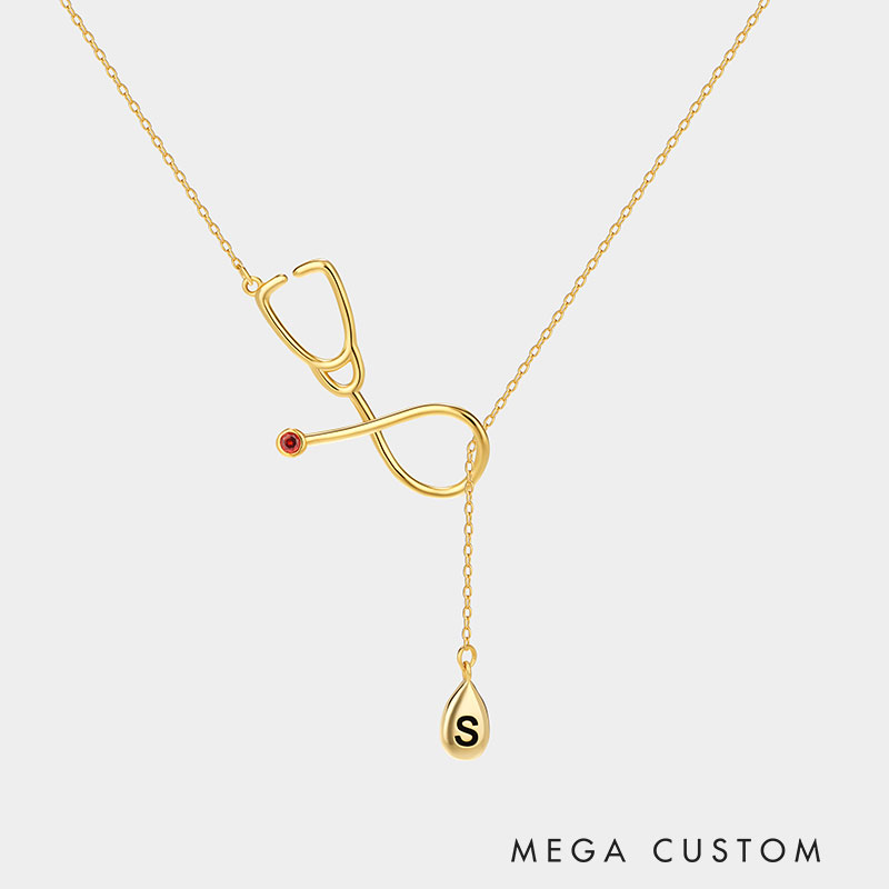 Personalized Personalized Stethoscope Y-Shaped Stethoscope Necklace – Customizable with birthstone and letter teardrop pendant 925 Sterling Silver Gifts for Her