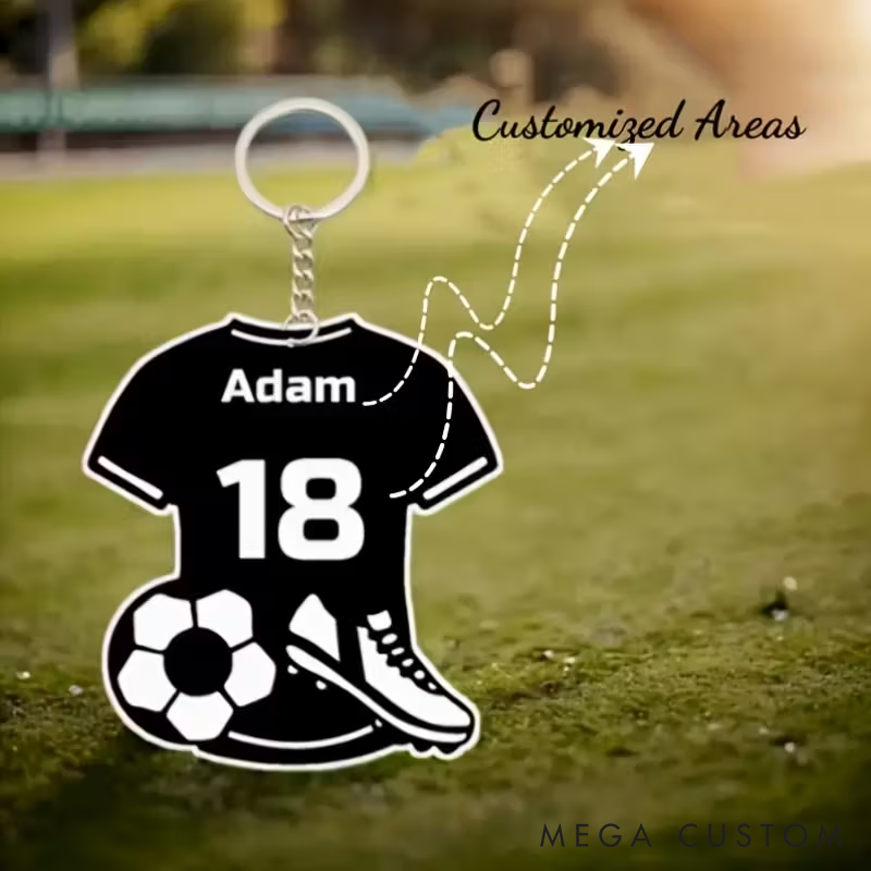 Personalized Soccer Jersey Keychain with Name And Number Featuring Designs of a Soccer Ball And Shoes - a Gift for Soccer Players Fans And Coaches for Birthdays Anniversaries