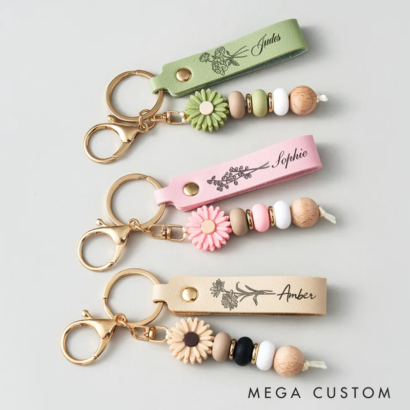 Personalized Name Keyring Handmade Daisy Beaded Keychain Cute Custom Bag Charm Gifts for Her Back to School or Friendship Gift