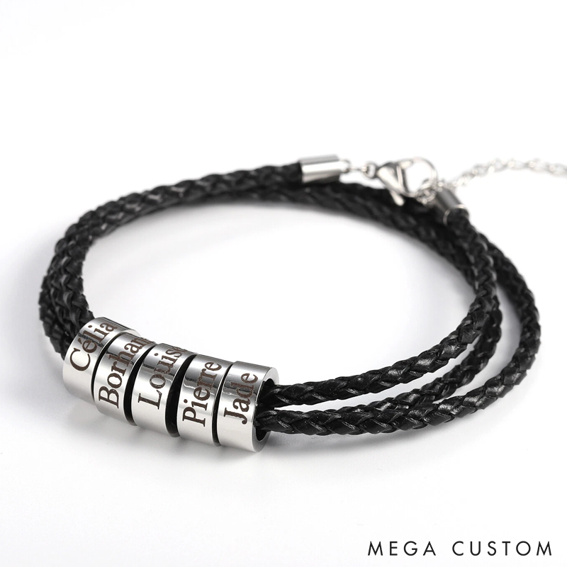 Personalized Mens Leather Bracelet Custom Bead Bracelet Engraved Name Bracelet for Him Gift for Husband Boyfriend
