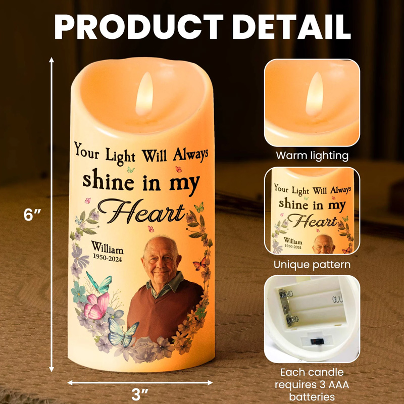 Personalized Photo LED Candle Your Light Will Always Shine In My Heart Memorial Gift Custom Memory Photo LED Candle