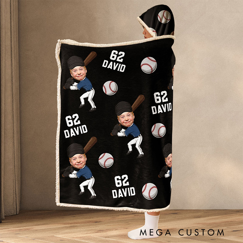 Personalized Photo Wearable Blanket Hoodie with Custom Kid Face Funny Softball and Baseball