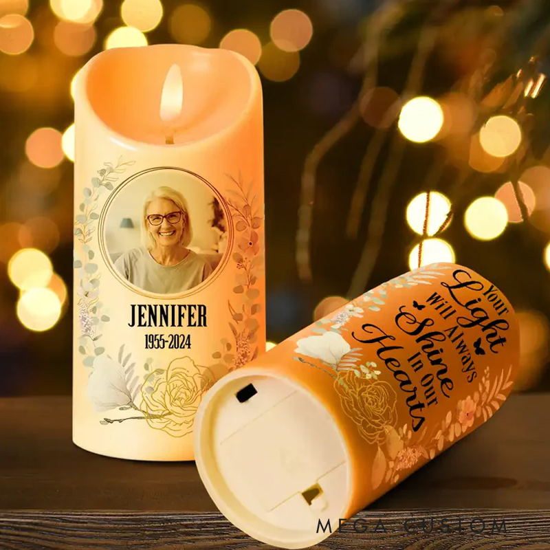 Personalized Photo Memorial LED Candle Your Light Will Always Shine In Our Hearts Custom Flameless LED Candle Sympathy Gift