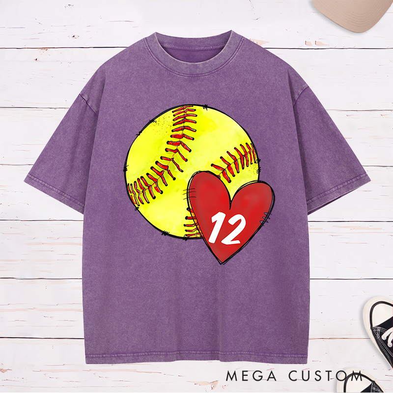 Personalized Softball Washed T-Shirt Design Featuring Hand-Drawn Softball Graphic Heart Element and Customizable Player Jersey Number for a Unique Supportive Look