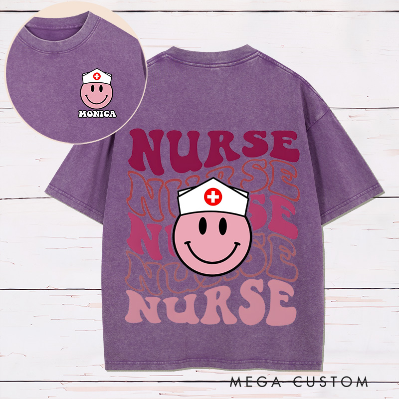 Personalized Two Sides Printed Washed T-Shirt Customized Retro Smiley Nurse Design Washed T-Shirt Nurse Week Gift