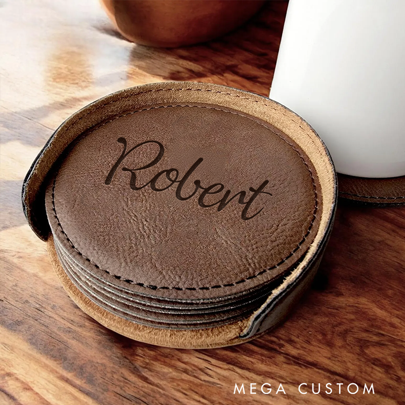 Personalized Leather Coaster with Holder Engraved Coaster with Name Round Leather Coasters Housewarming Gift Wedding Gifts