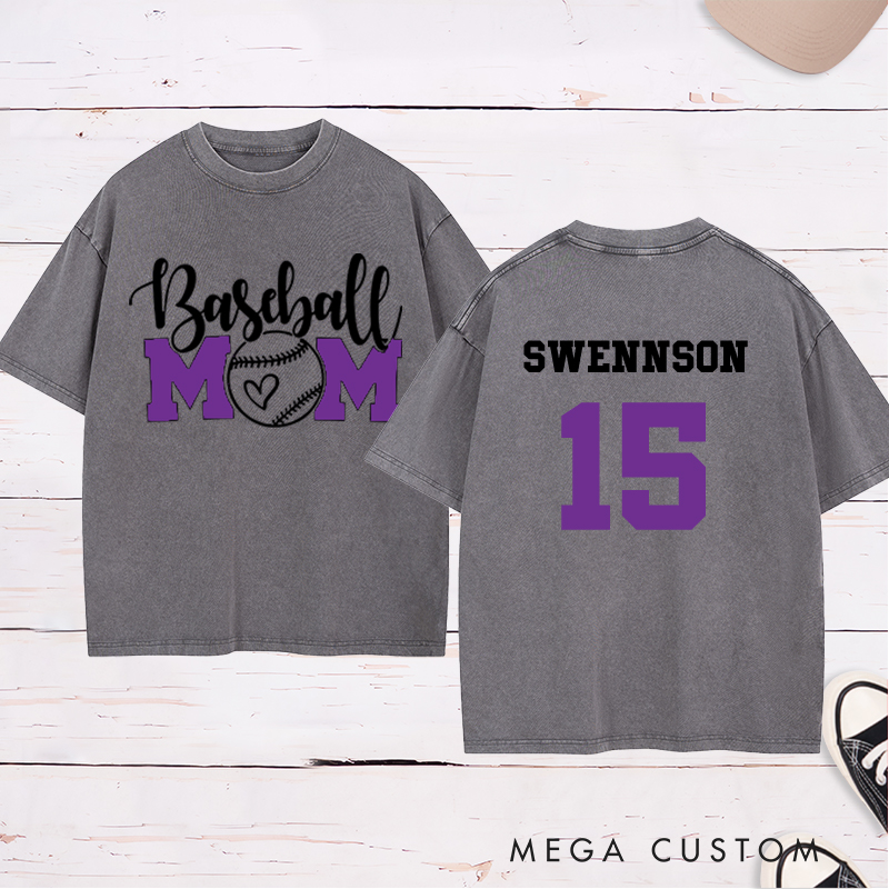 Personalized Baseball Mom Washed T-Shirt with Heart-Inspired Design and Custom Name and Number