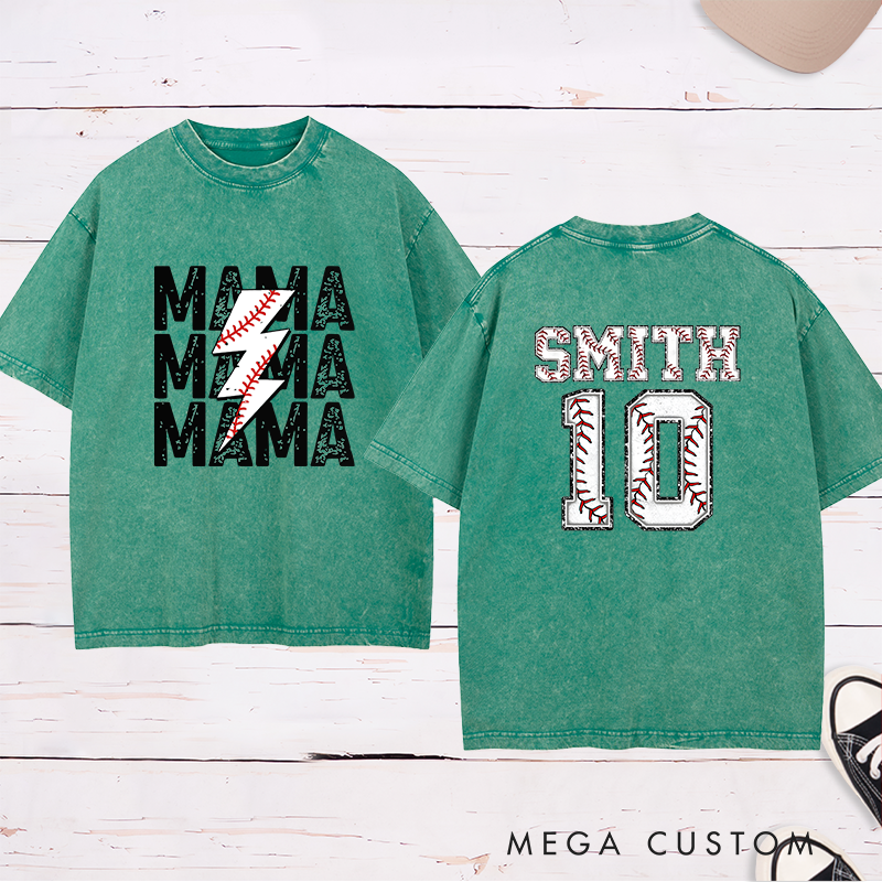 Personalized Baseball Mama Washed T-Shirt with Custom Name and Number