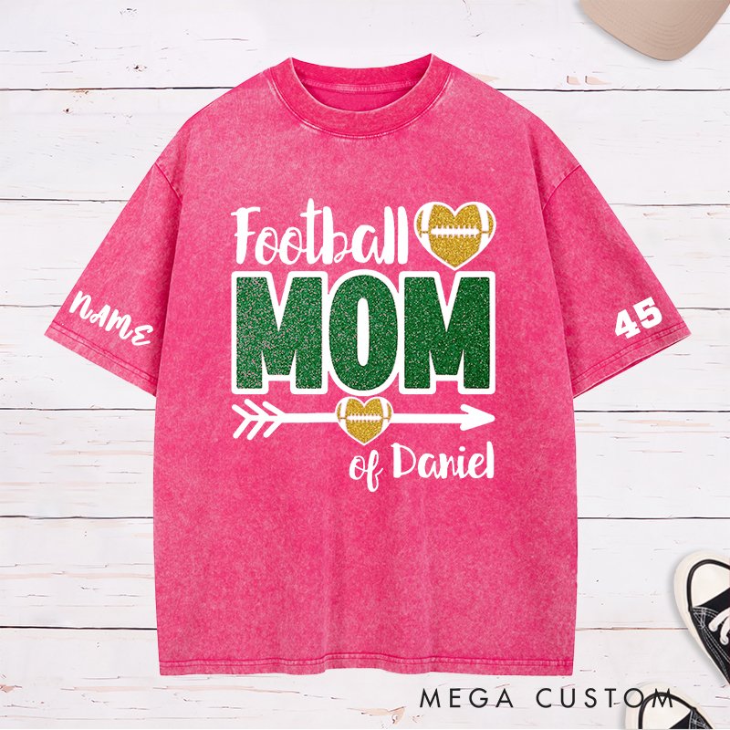 Personalized American Football Mom Washed T-Shirts Featuring Custom Team Name and Number for Game Day Fans