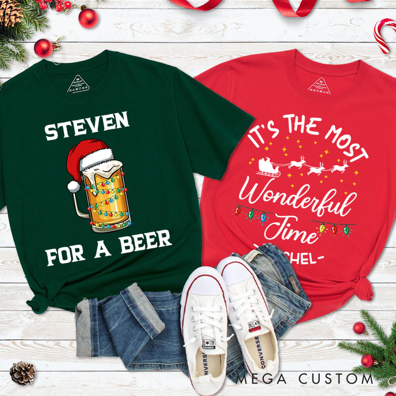 Personalized Couple For a Beer and It's the Most Wonderful Time Christmas T-Shirt Couple Xmas Matching T-Shirt for Husband Wife Boyfriend Girlfriend