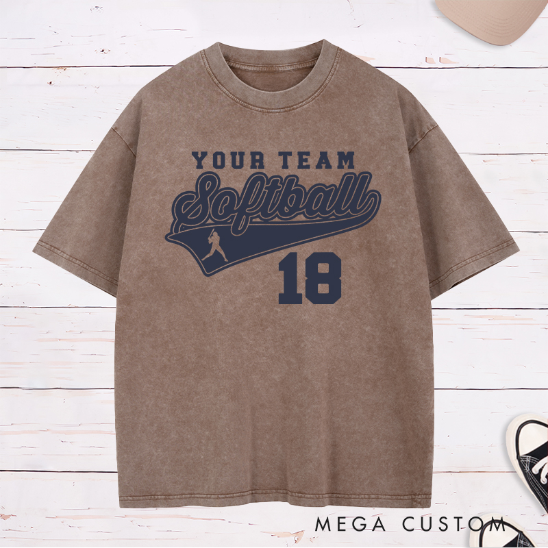 Personalized Softball Team Washed T-Shirt Design Featuring Customizable Team Name Bold Script Softball Text Dynamic Swoosh Element Player Silhouette and Custom Number