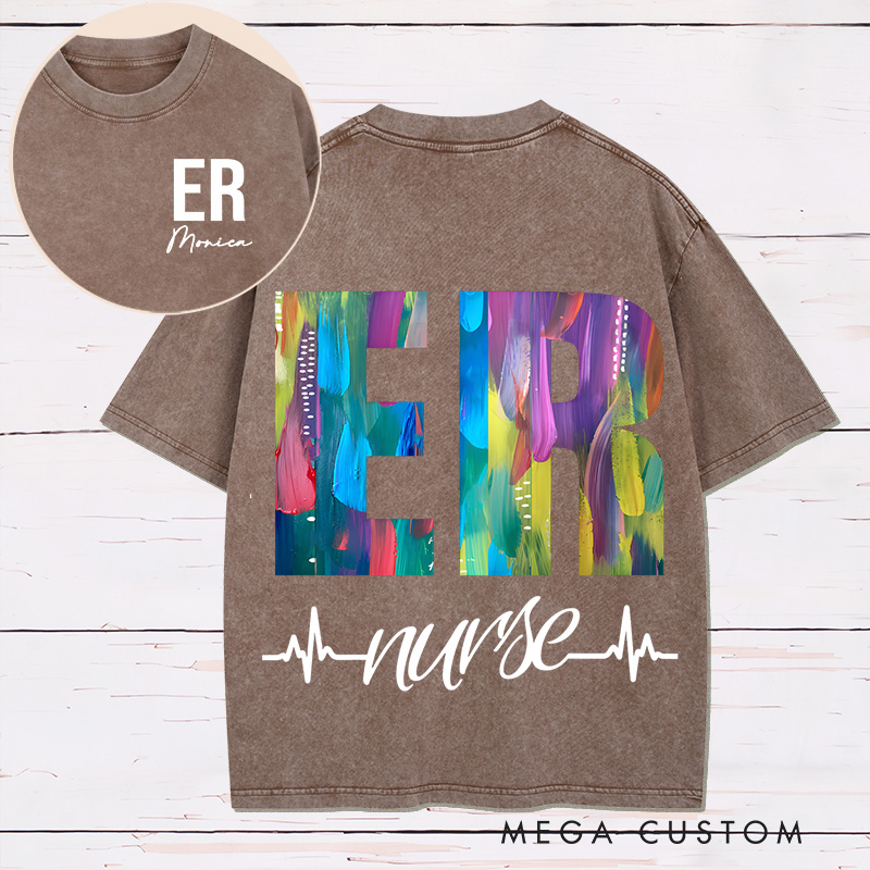 Personalized Two Sides Printed Washed T-Shirt Customized ER Nurse Vibrant Artistic Design Washed T-Shirt 