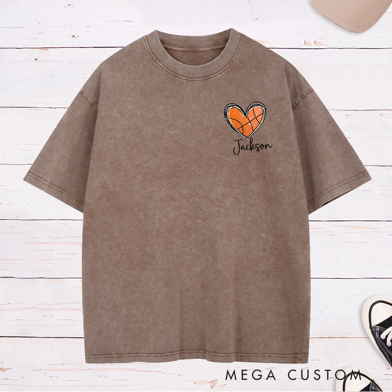 Personalized Washed T-Shirt Design Featuring Heart-Shaped Basketball Graphic with Custom Name for a Sporty and Stylish Look