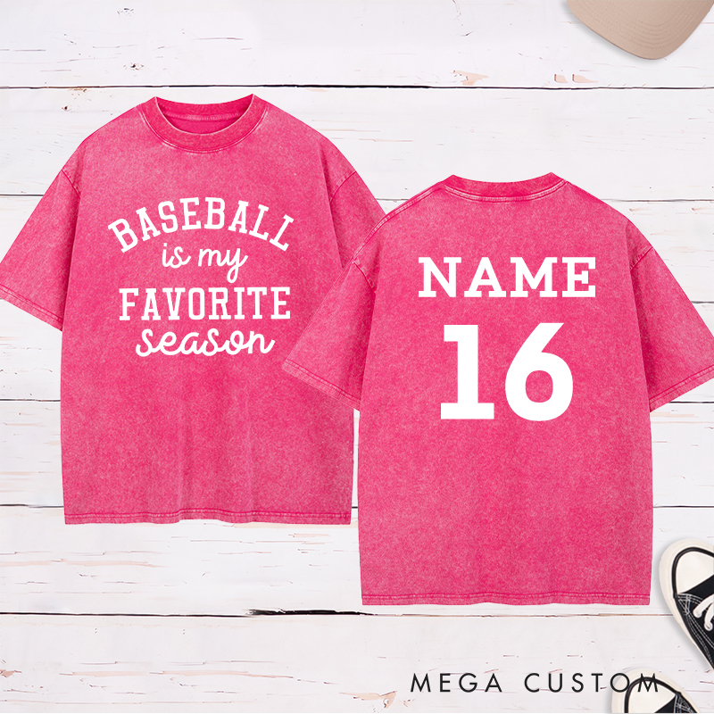 Personalized Baseball Season Washed T-Shirt with Custom Name and Number