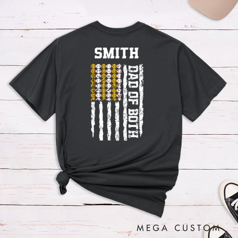 Personalized Dad of Both T-Shirt with Custom Name and Dual Sports Design Perfect Gift for Proud Softball and Baseball Dads