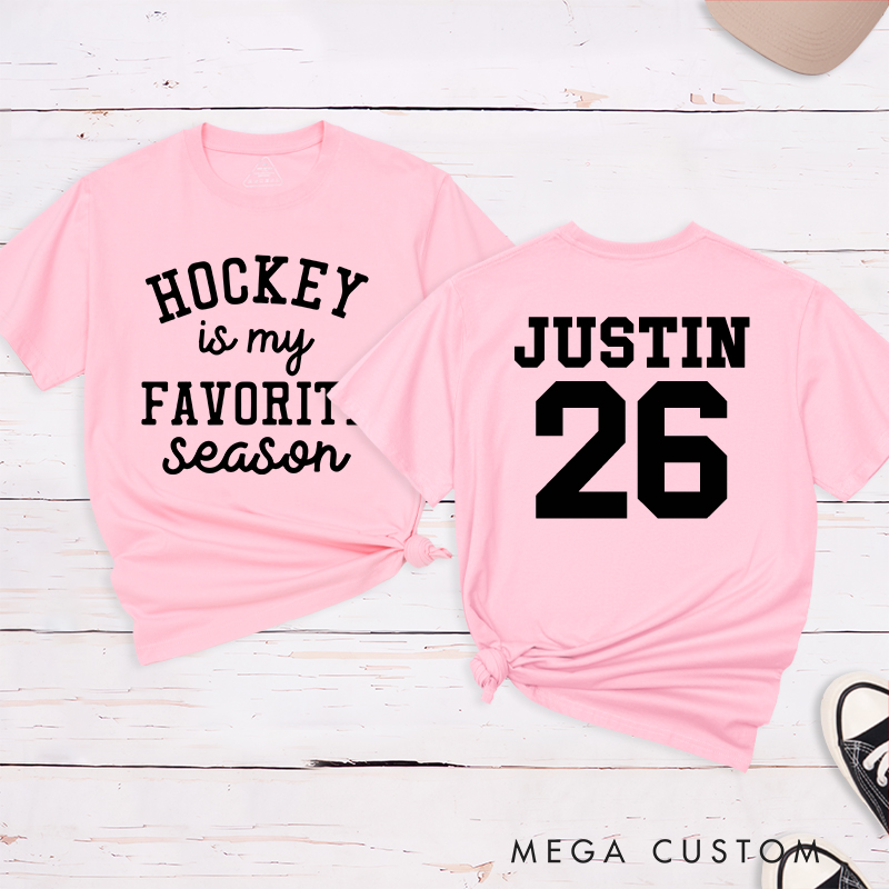 Personalized "Hockey Is My Favorite Season" T-Shirt with Custom Name and Number