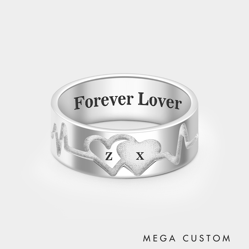 Personalized Sterling Silver Engraved ECG Double-Heart Overlapping Ring Necklace Necklace 925 Sterling Silver Gifts for Her