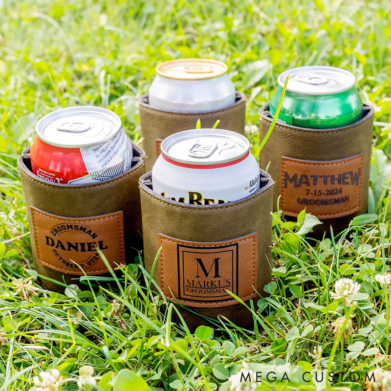 Personalized Leather Can Cooler Grooms Groomsman Can Cooler Holder Stag Keepsakes Can Cooler Bachelor Party Beer Cooler