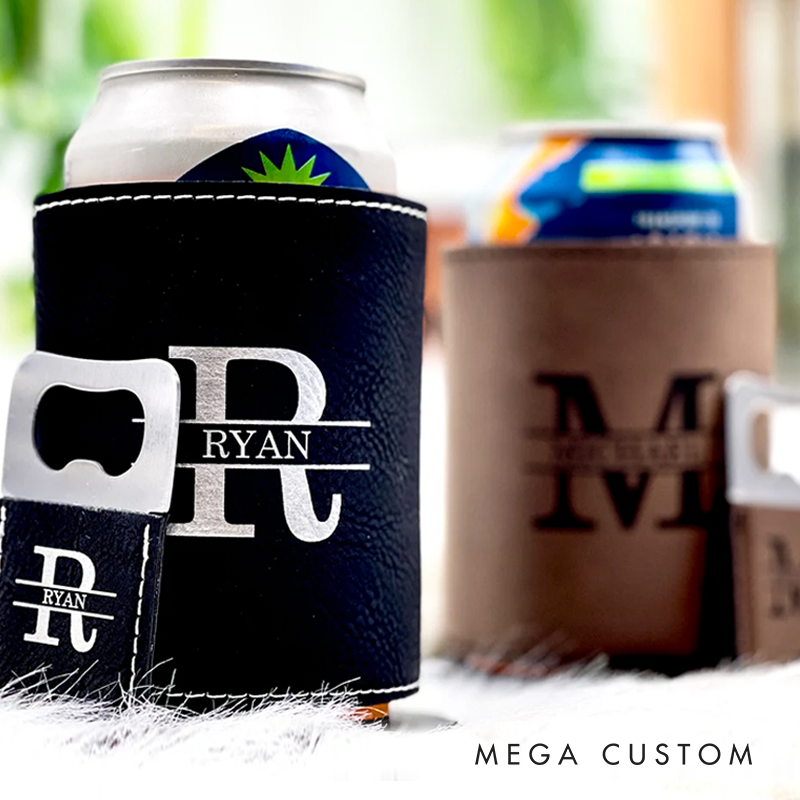 Personalized Can Cooler & Bottle Opener Set Groomsmen Proposal Gift Stocking Stuffer Christmas Gift for Him Custom Gift for Men